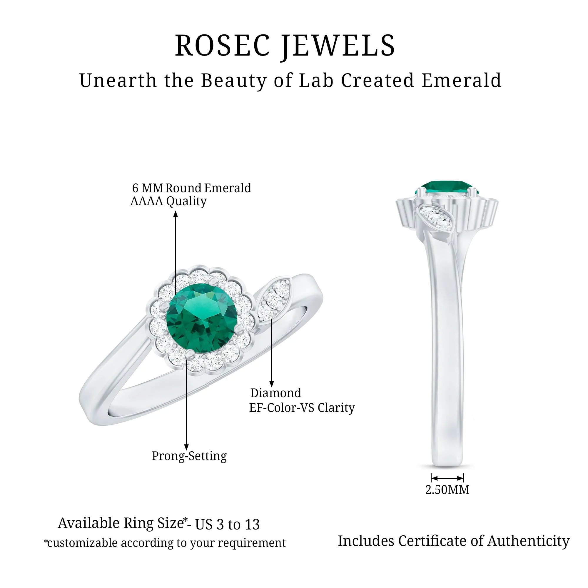 Nature Inspired Lab Grown Emerald Promise Ring with Diamond Halo