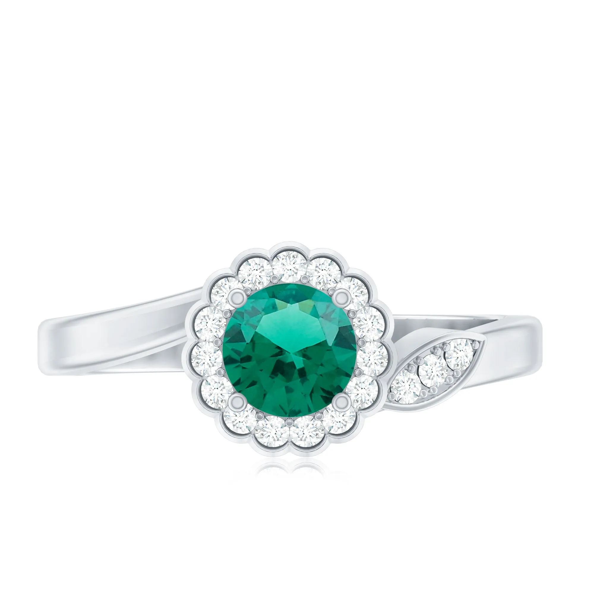 Nature Inspired Lab Grown Emerald Promise Ring with Diamond Halo