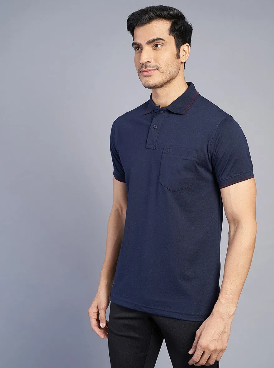 Navy Blue Solid Slim Fit Polo T-Shirt | Greenfibre