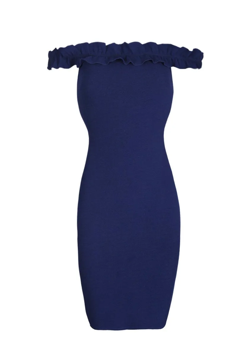 Navy Ruffle Bardot Midi Dress