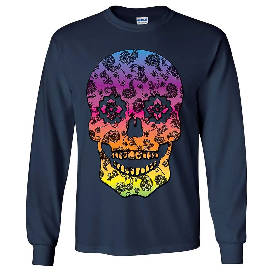 Neon Paisley Print Sugar Skull Long Sleeve Shirt