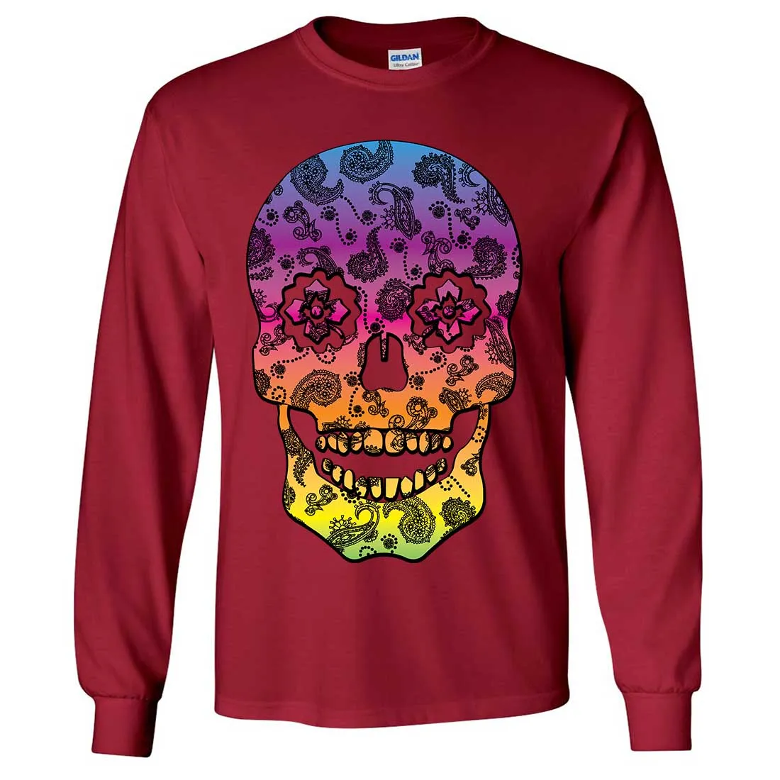 Neon Paisley Print Sugar Skull Long Sleeve Shirt