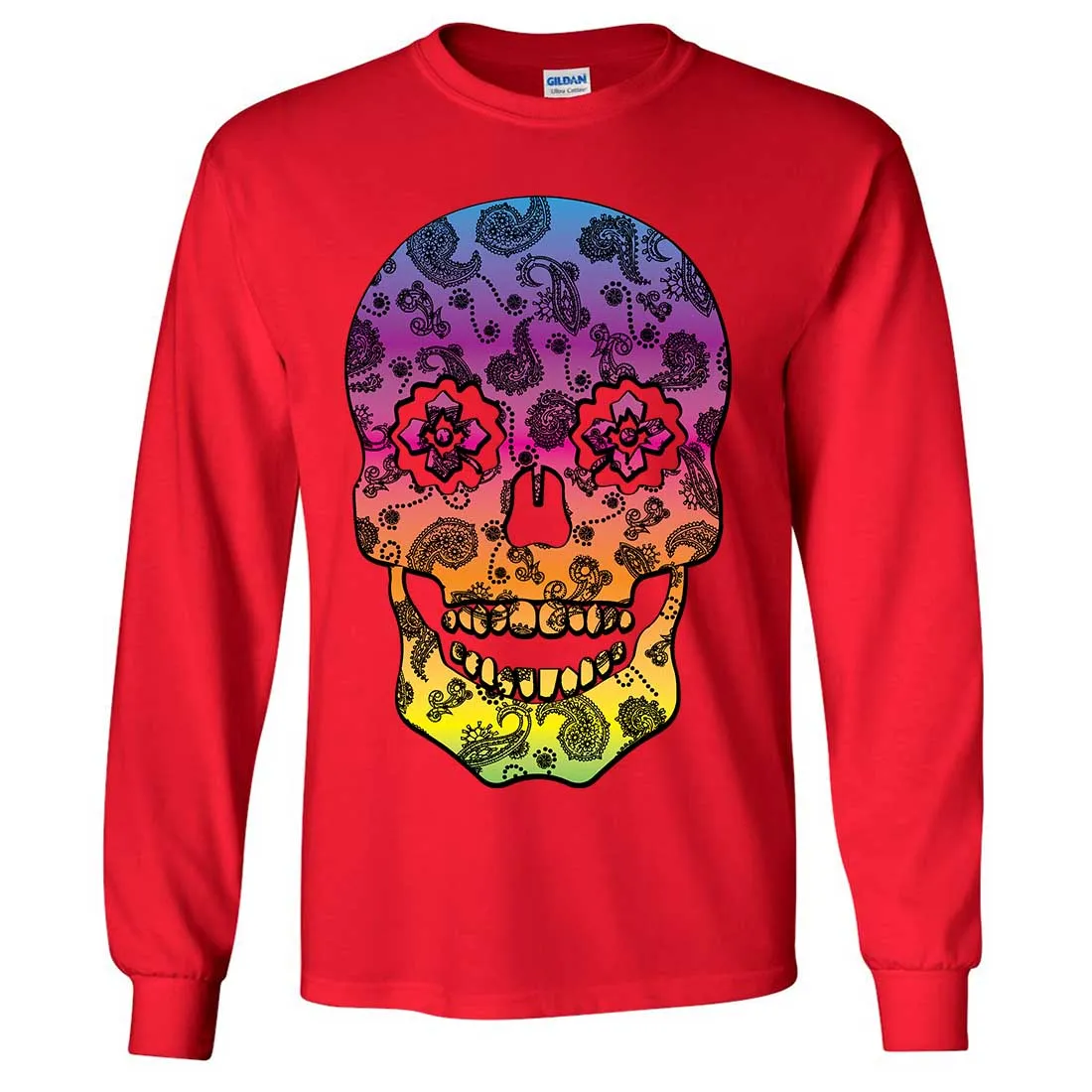 Neon Paisley Print Sugar Skull Long Sleeve Shirt