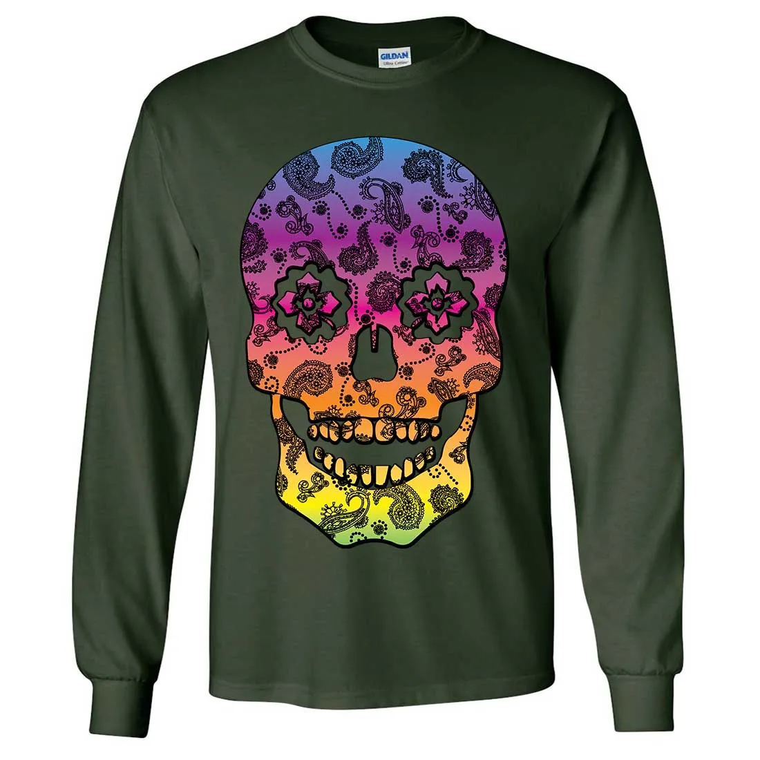 Neon Paisley Print Sugar Skull Long Sleeve Shirt