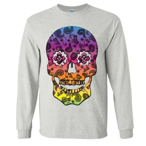 Neon Paisley Print Sugar Skull Long Sleeve Shirt