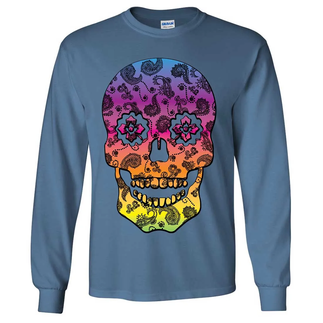 Neon Paisley Print Sugar Skull Long Sleeve Shirt