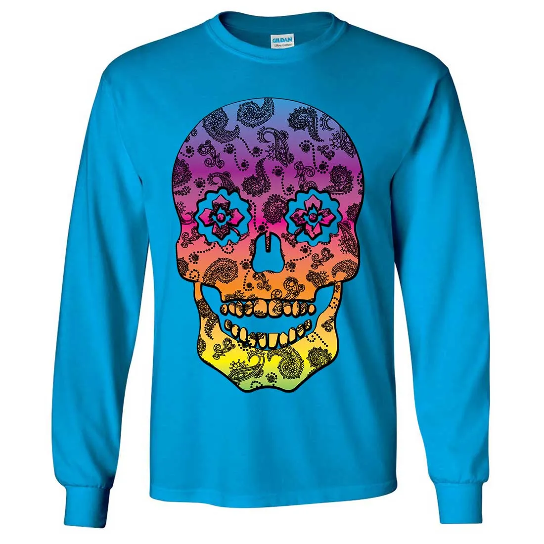 Neon Paisley Print Sugar Skull Long Sleeve Shirt