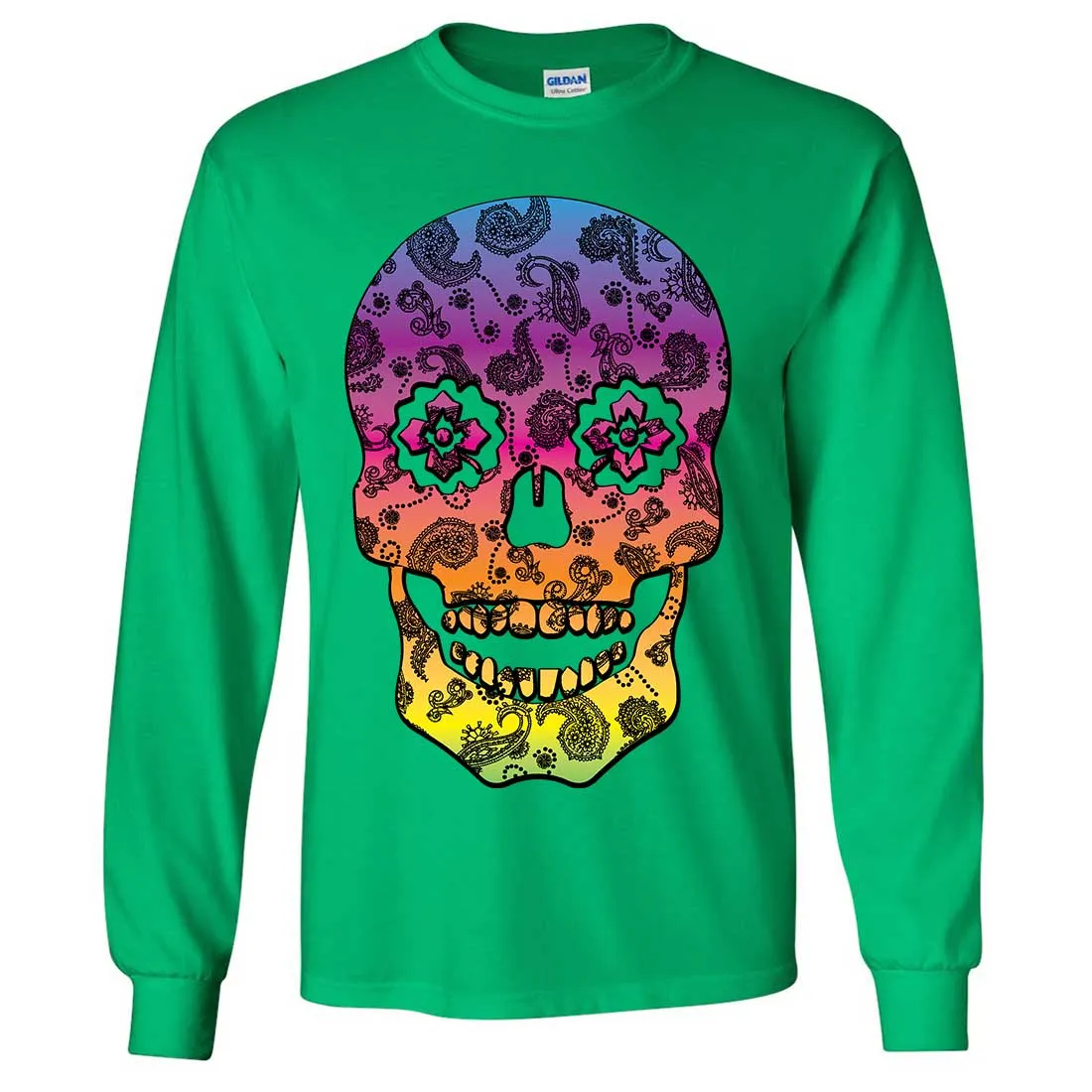 Neon Paisley Print Sugar Skull Long Sleeve Shirt