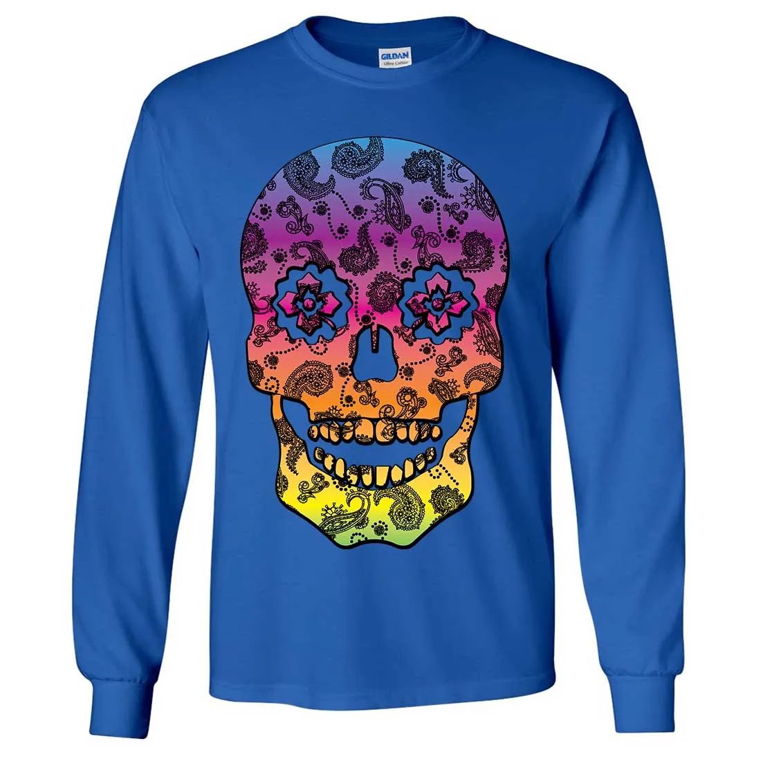 Neon Paisley Print Sugar Skull Long Sleeve Shirt