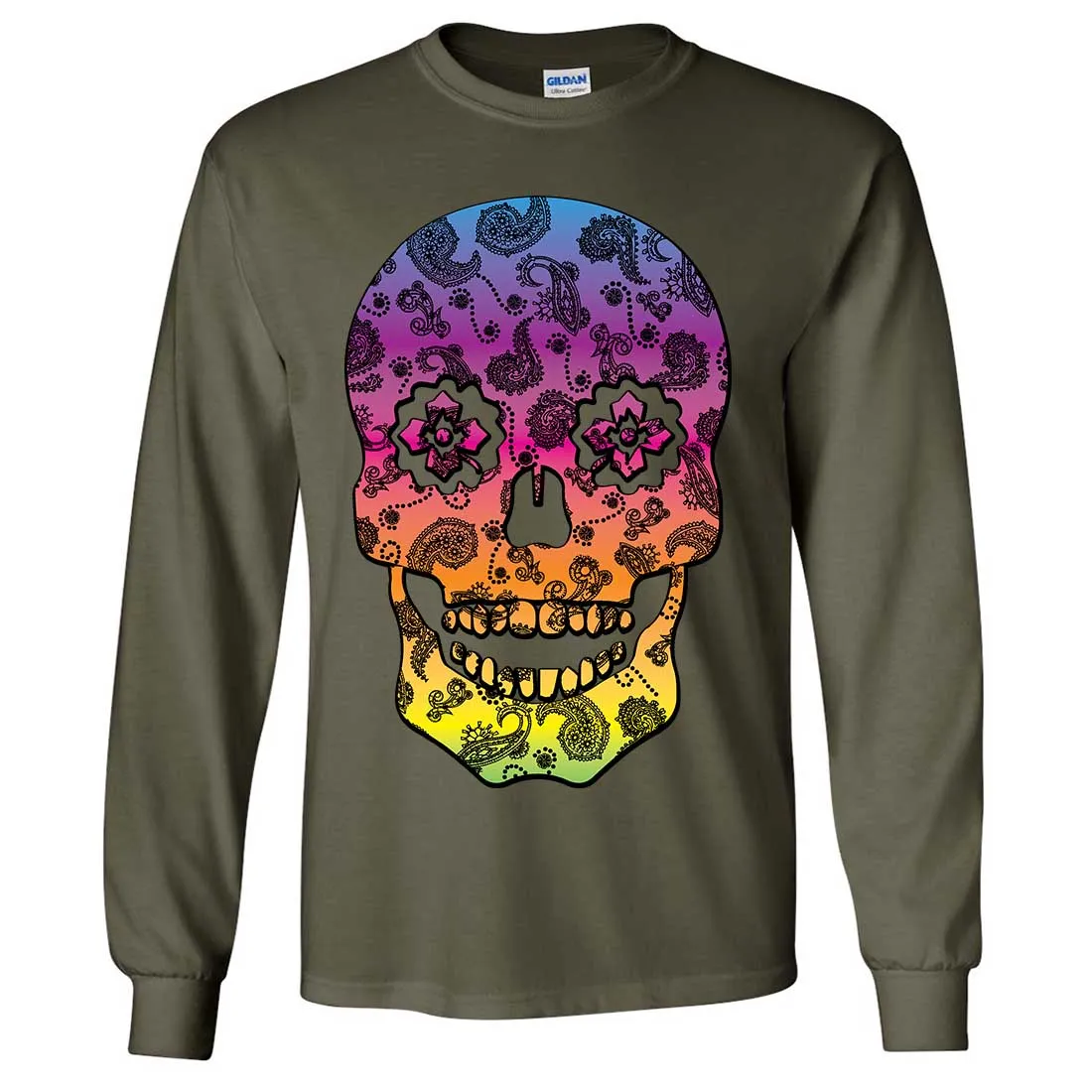 Neon Paisley Print Sugar Skull Long Sleeve Shirt