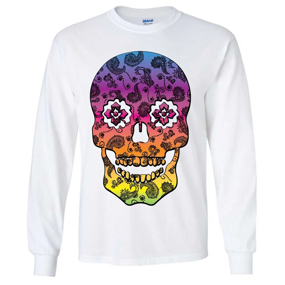 Neon Paisley Print Sugar Skull Long Sleeve Shirt