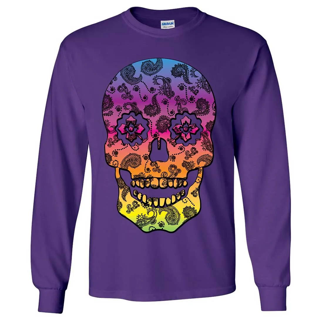 Neon Paisley Print Sugar Skull Long Sleeve Shirt