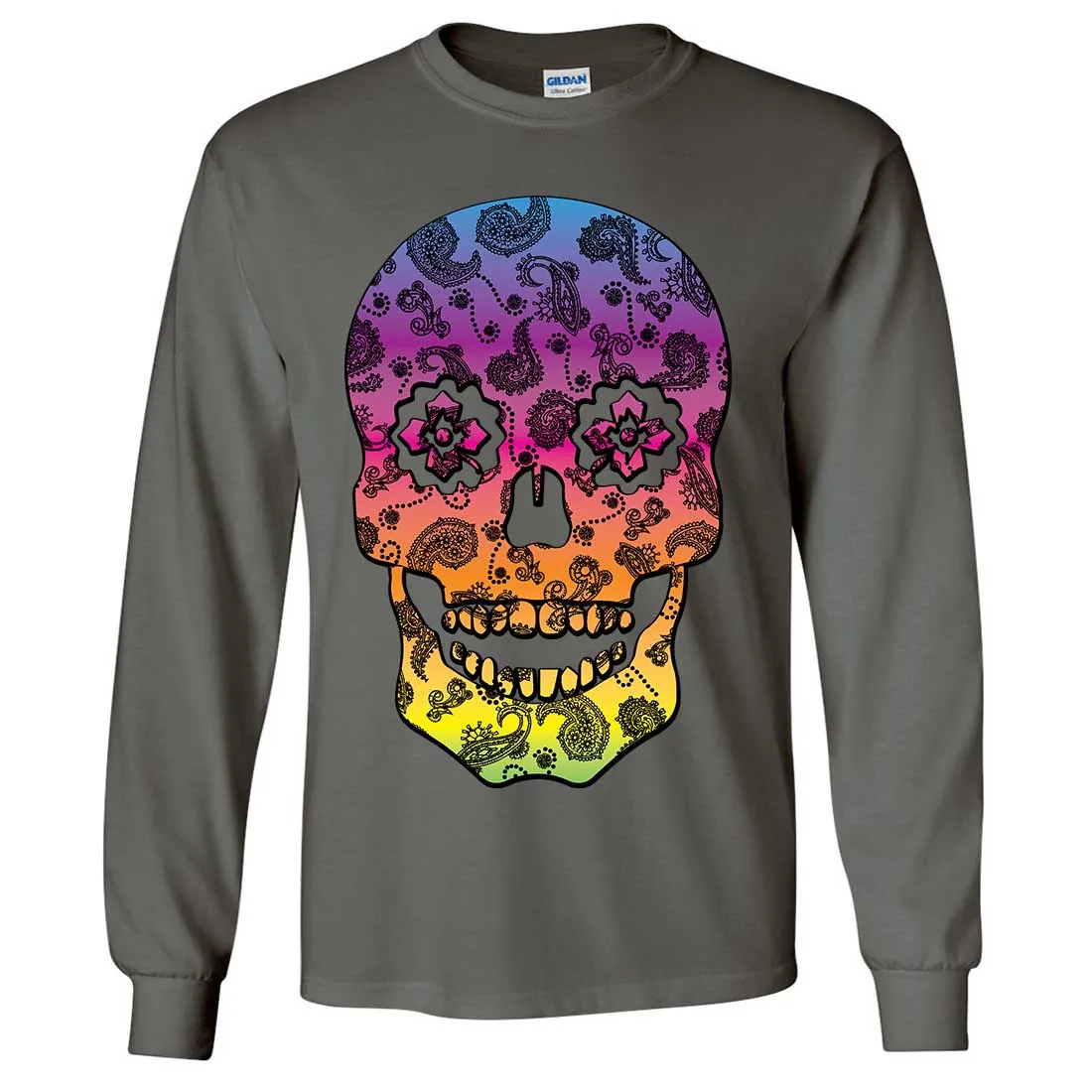 Neon Paisley Print Sugar Skull Long Sleeve Shirt