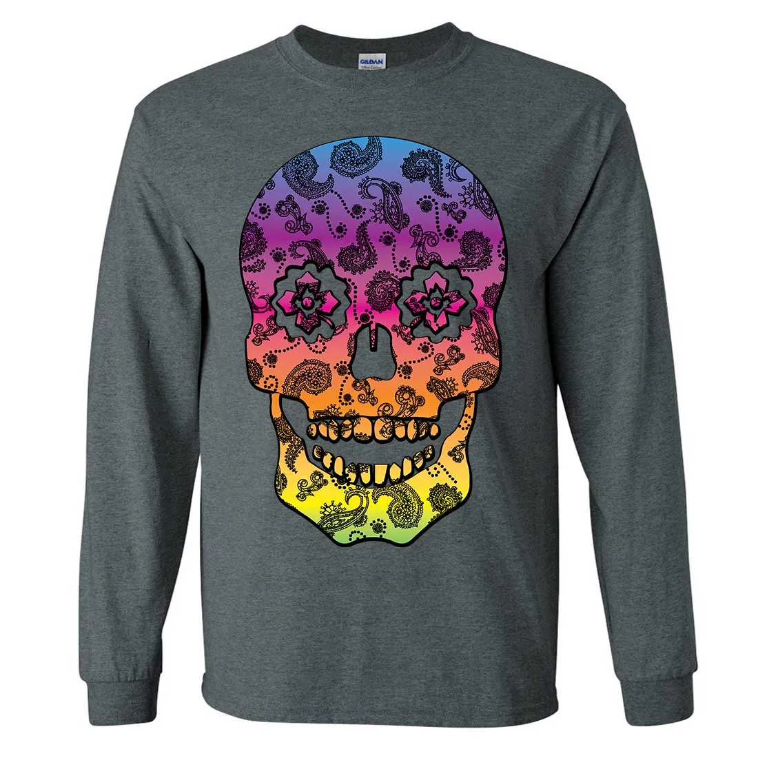 Neon Paisley Print Sugar Skull Long Sleeve Shirt