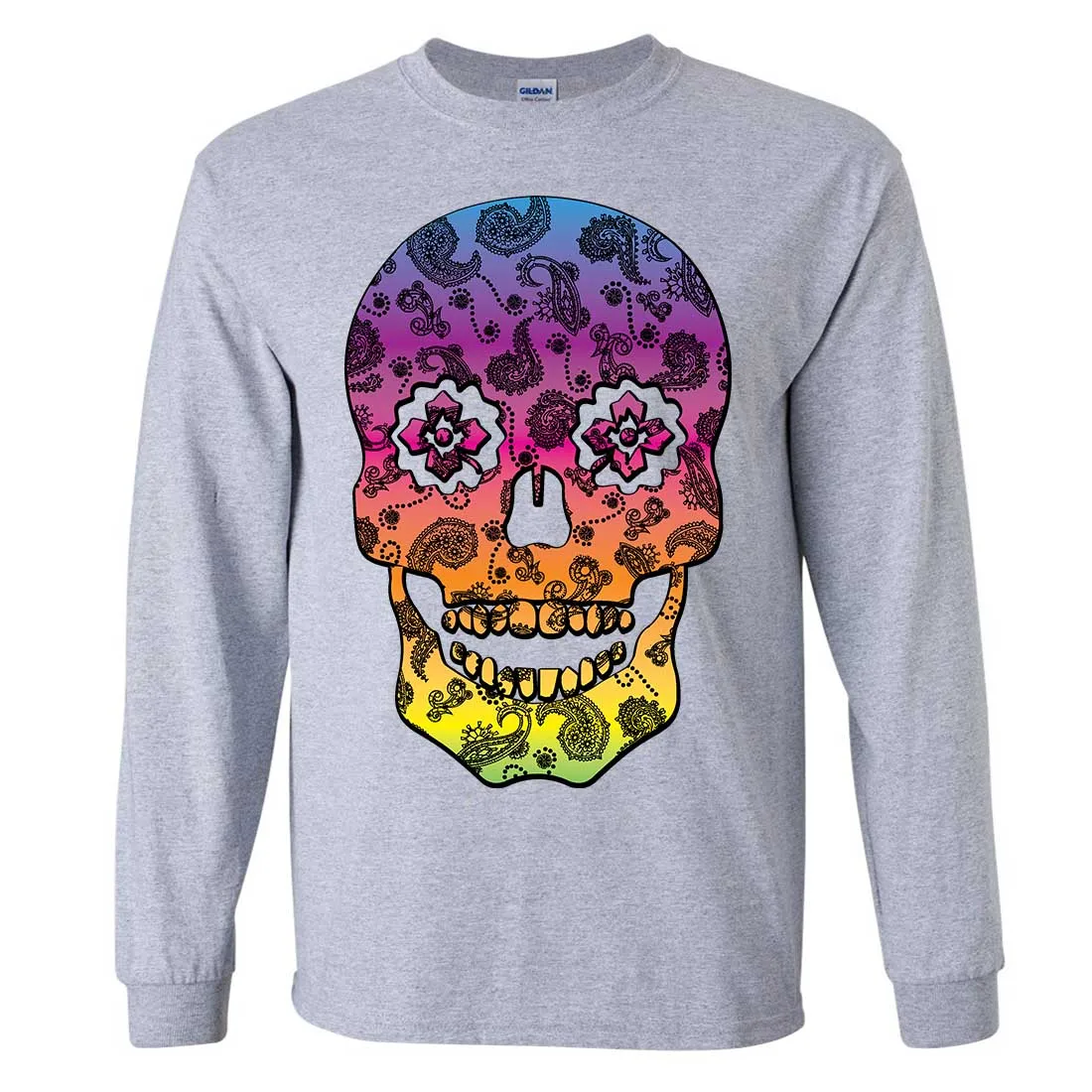 Neon Paisley Print Sugar Skull Long Sleeve Shirt