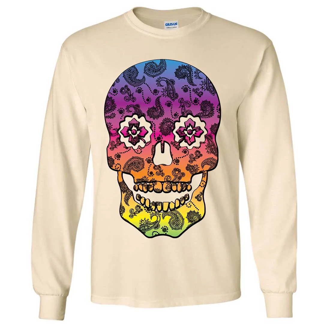 Neon Paisley Print Sugar Skull Long Sleeve Shirt