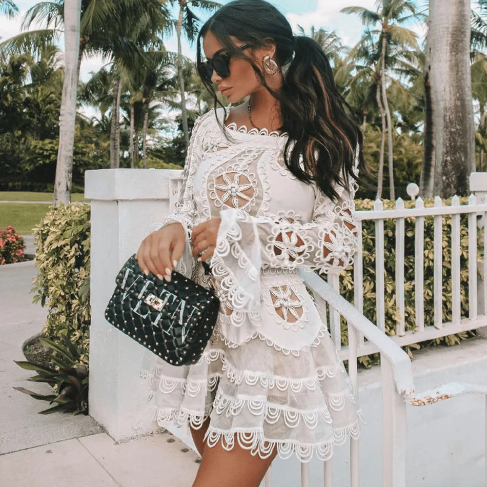 new elegant white lace openwork chiffon dress sexy women's long sleeve mini fishtail dress celebrity party dress Vestidos