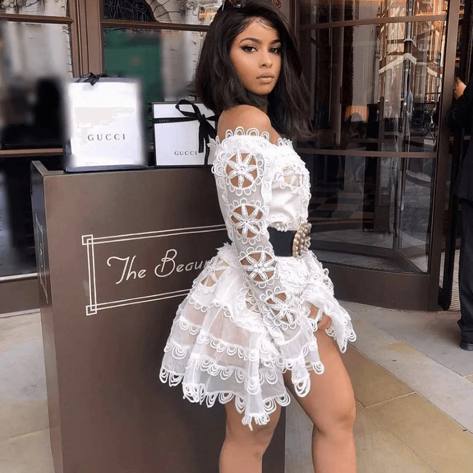 new elegant white lace openwork chiffon dress sexy women's long sleeve mini fishtail dress celebrity party dress Vestidos