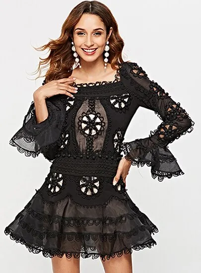 new elegant white lace openwork chiffon dress sexy women's long sleeve mini fishtail dress celebrity party dress Vestidos