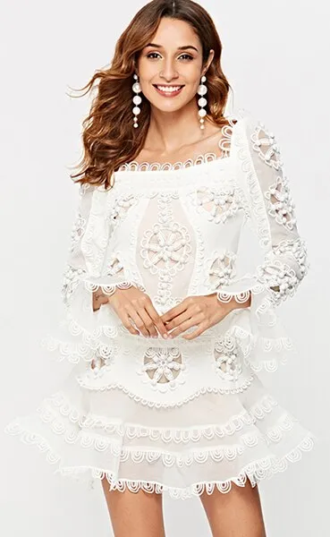new elegant white lace openwork chiffon dress sexy women's long sleeve mini fishtail dress celebrity party dress Vestidos