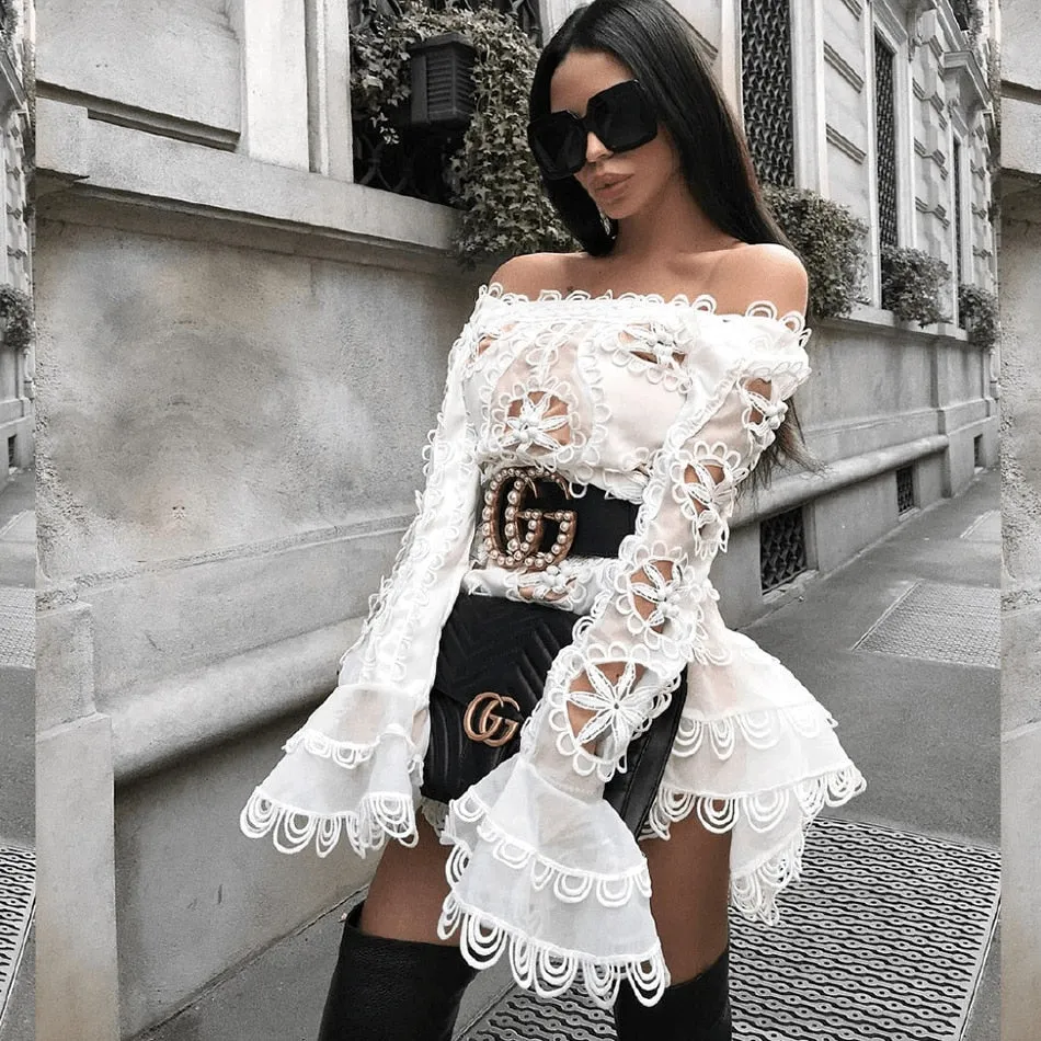 new elegant white lace openwork chiffon dress sexy women's long sleeve mini fishtail dress celebrity party dress Vestidos