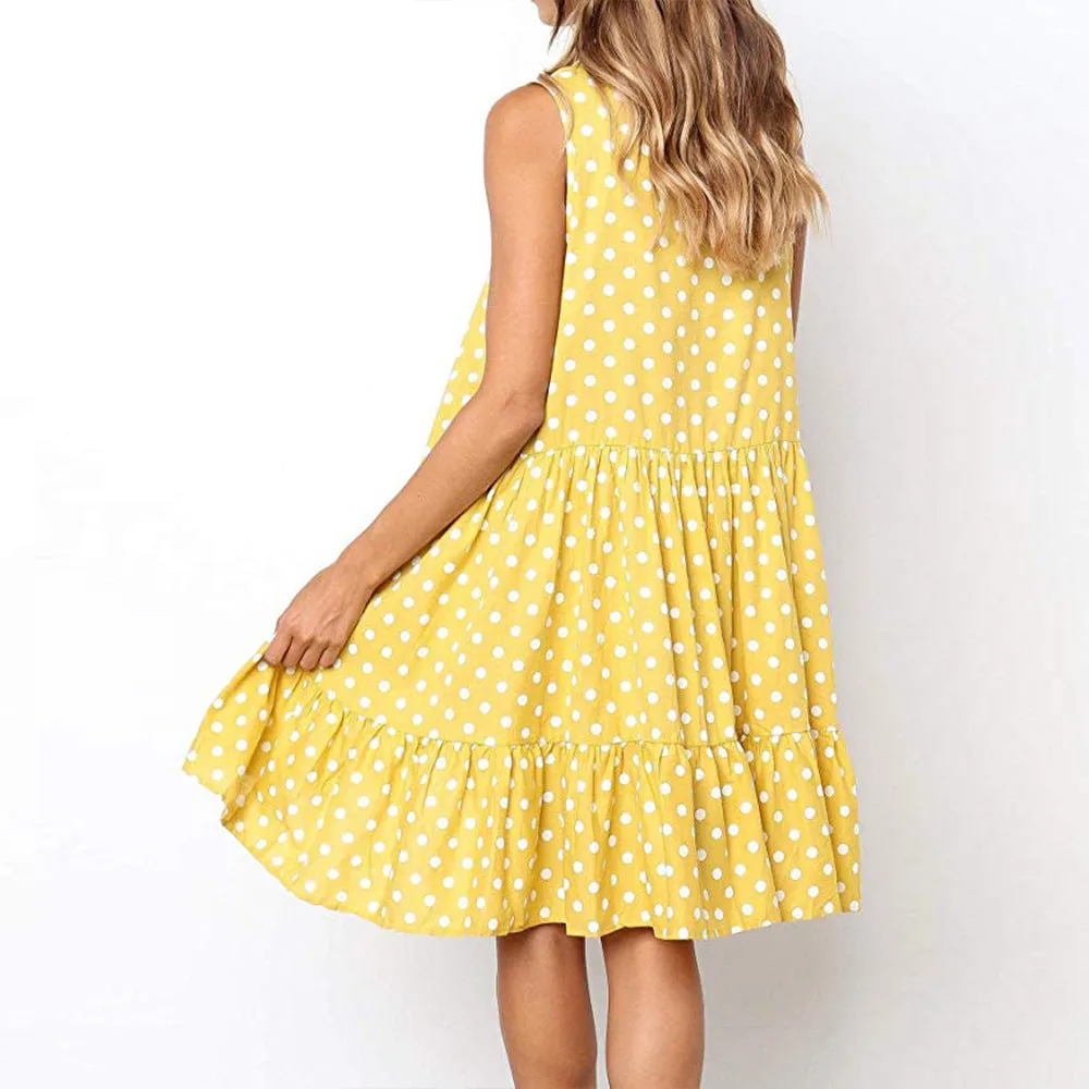 New Loose Sleeveless Printed Wave Point Round Neck Dress