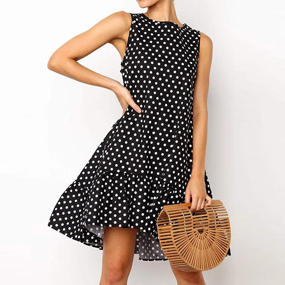 New Loose Sleeveless Printed Wave Point Round Neck Dress