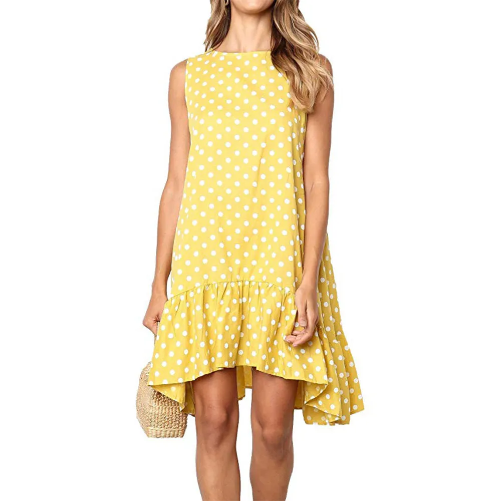 New Loose Sleeveless Printed Wave Point Round Neck Dress