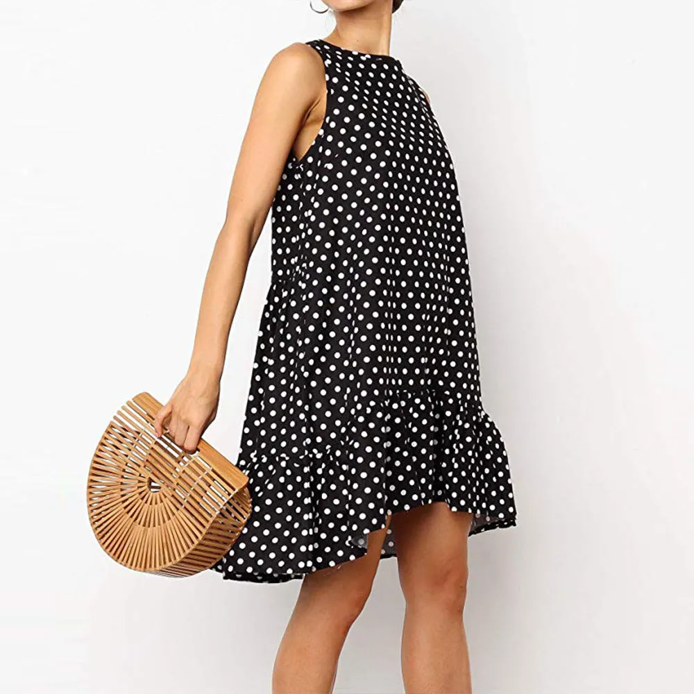 New Loose Sleeveless Printed Wave Point Round Neck Dress