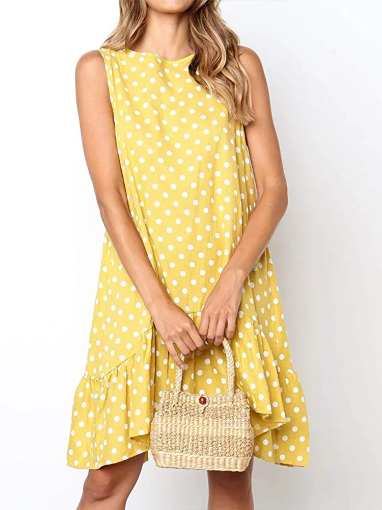 New Loose Sleeveless Printed Wave Point Round Neck Dress