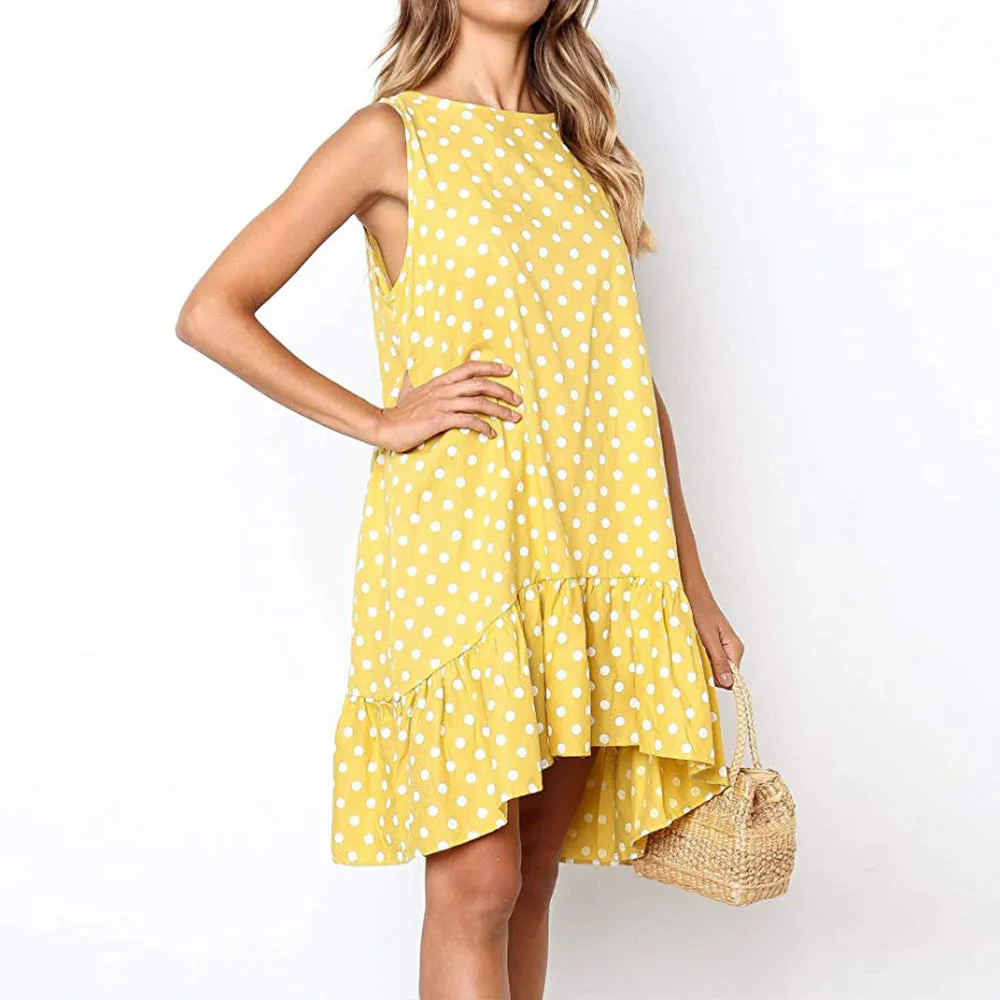 New Loose Sleeveless Printed Wave Point Round Neck Dress
