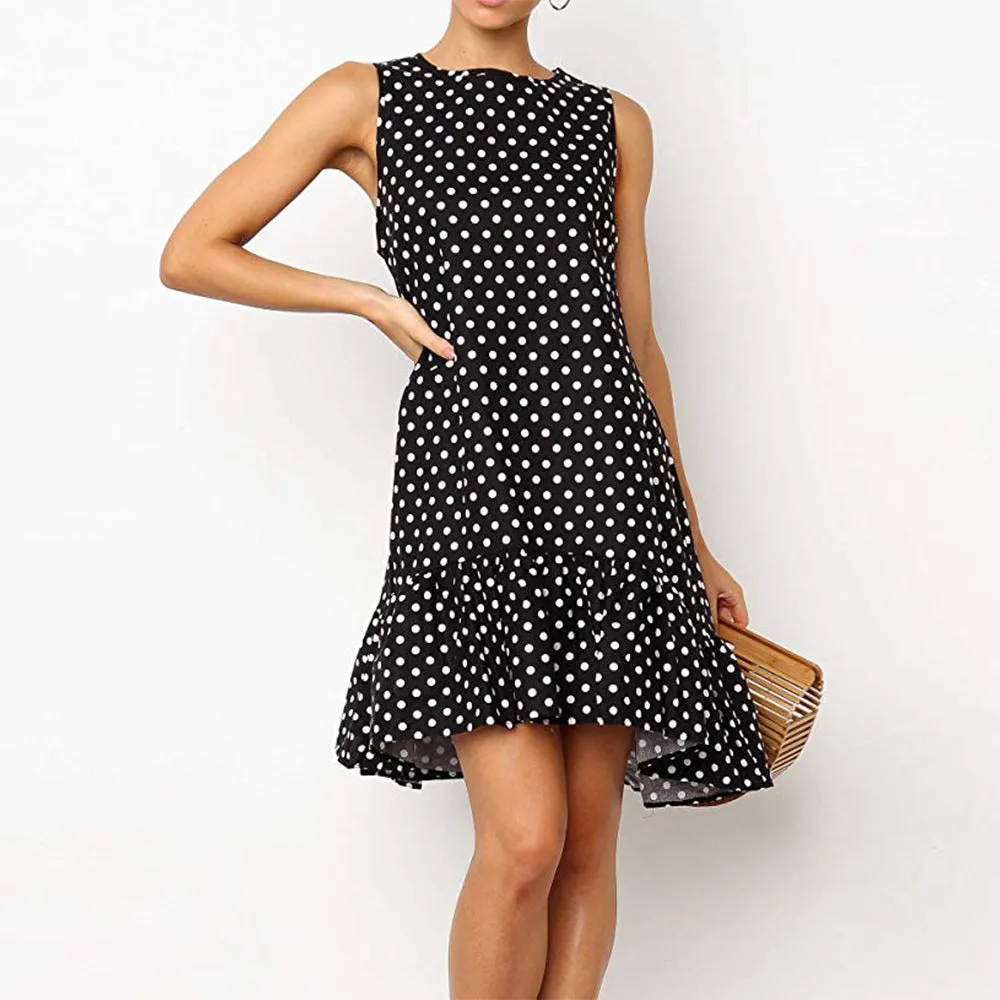 New Loose Sleeveless Printed Wave Point Round Neck Dress