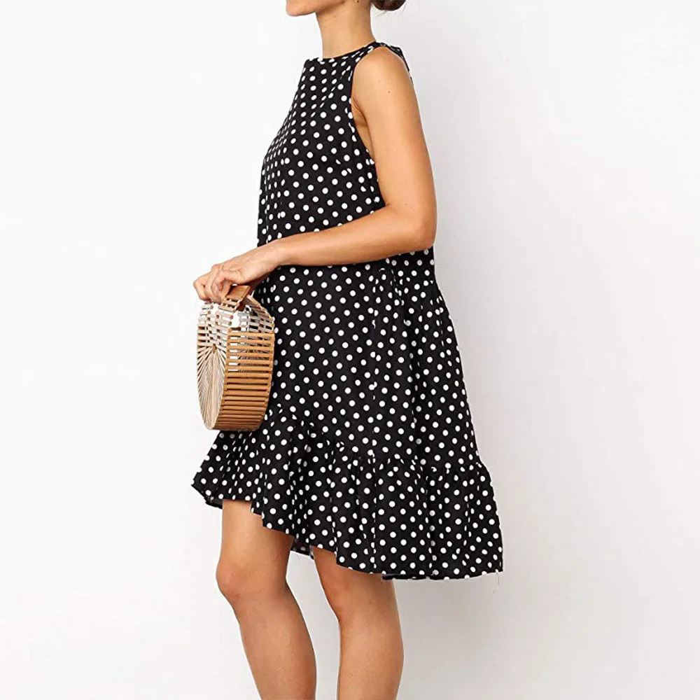 New Loose Sleeveless Printed Wave Point Round Neck Dress