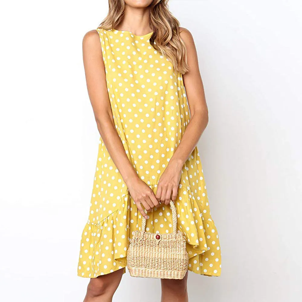 New Loose Sleeveless Printed Wave Point Round Neck Dress