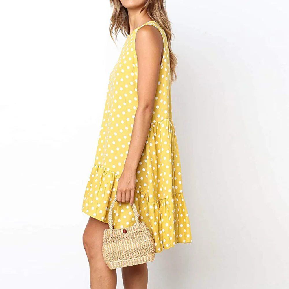 New Loose Sleeveless Printed Wave Point Round Neck Dress