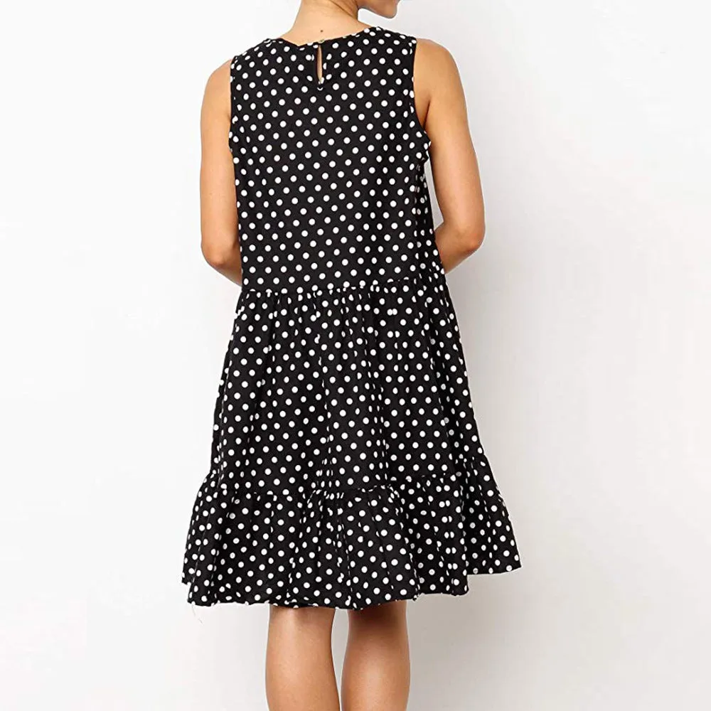 New Loose Sleeveless Printed Wave Point Round Neck Dress