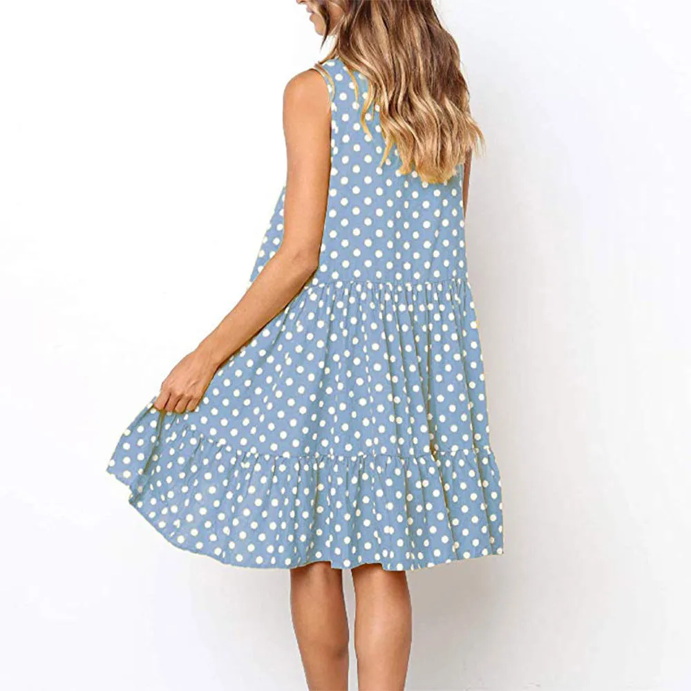 New Loose Sleeveless Printed Wave Point Round Neck Dress