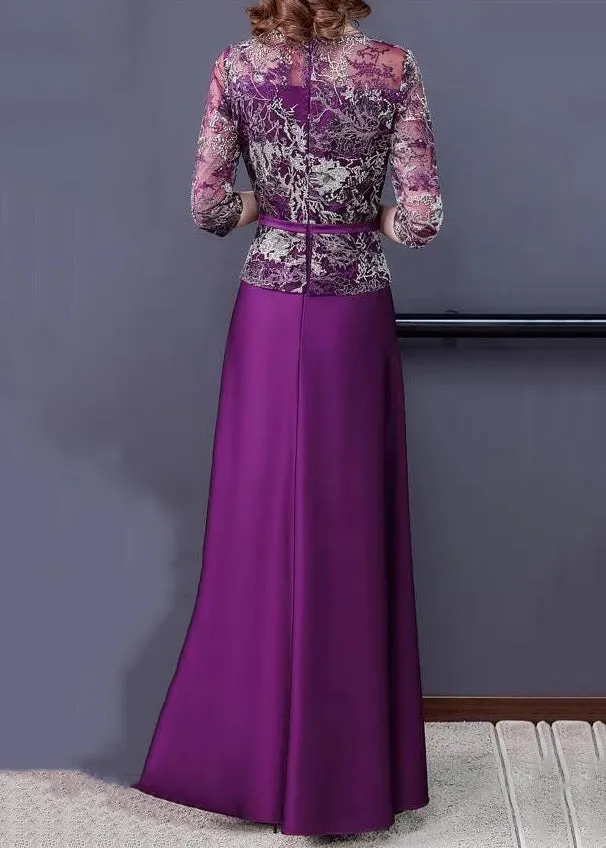 New Purple Embroideried Tulle Patchwork Maxi Dresses Half Sleeve