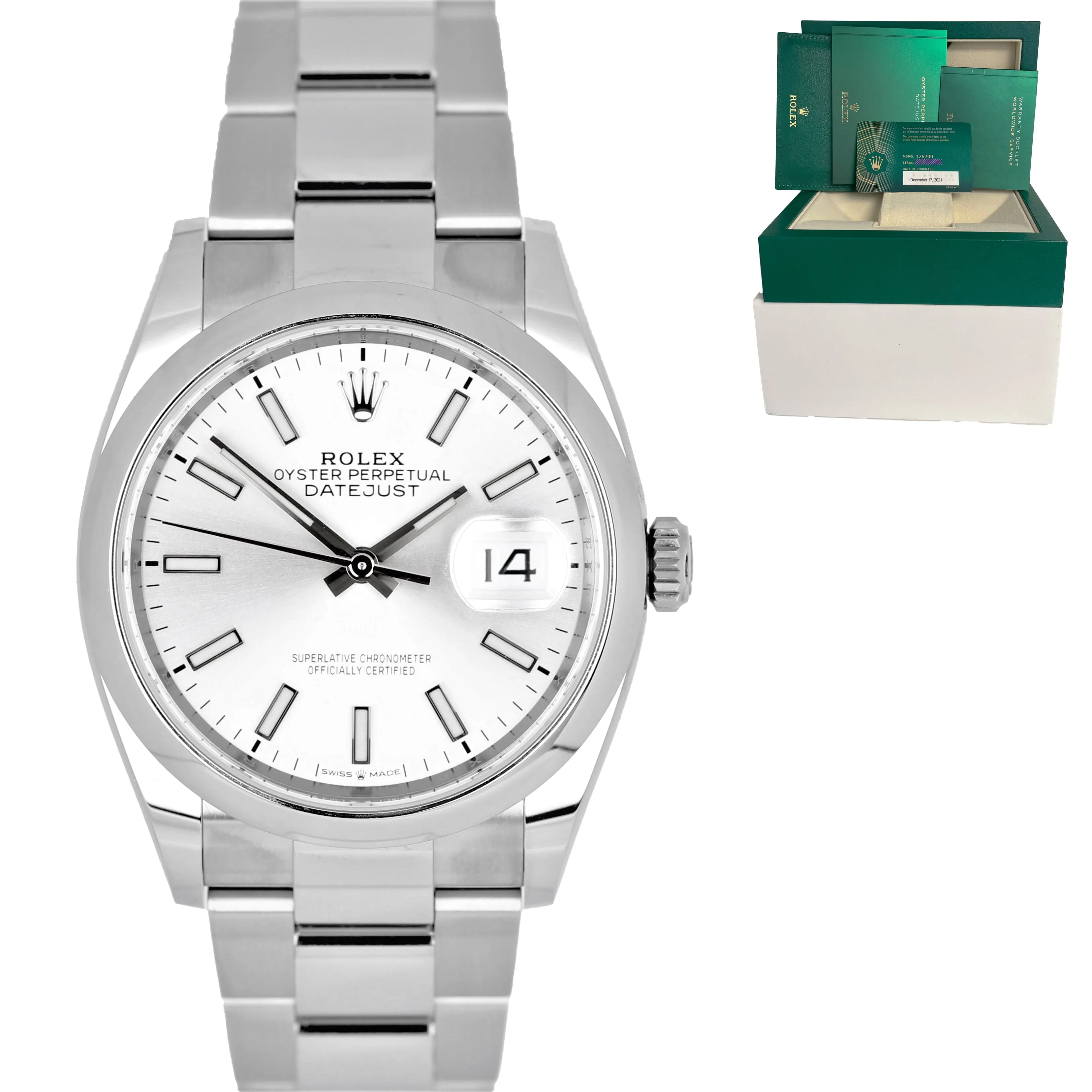 NEW Rolex DateJust 36mm Silver Stick Dial Stainless Steel 126200 Watch B&P