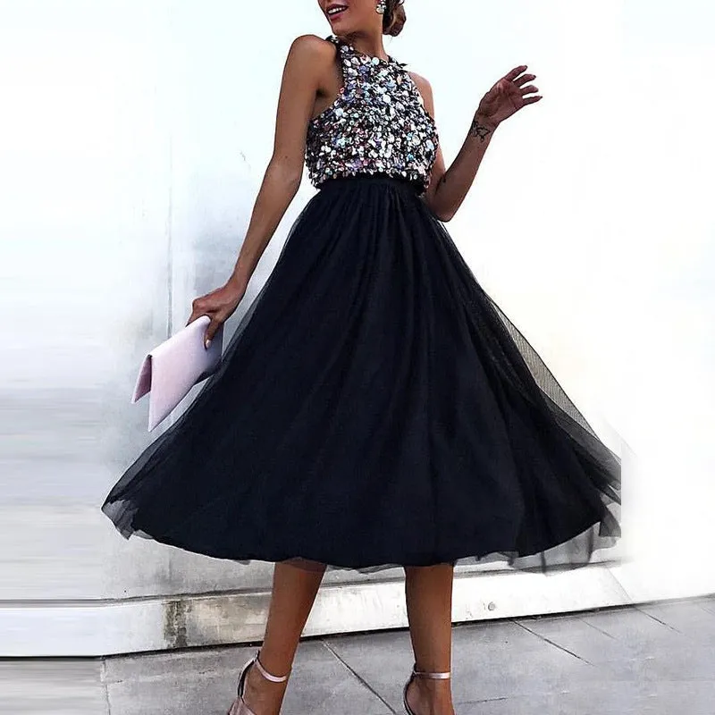 New Women's Dress Sexy Sleeveless Hanging Neck Dress