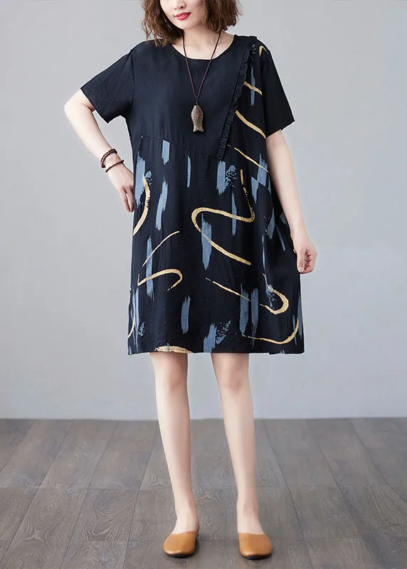 O Neck Black Printed Patchwork Cotton Women's Mid Dress Summer