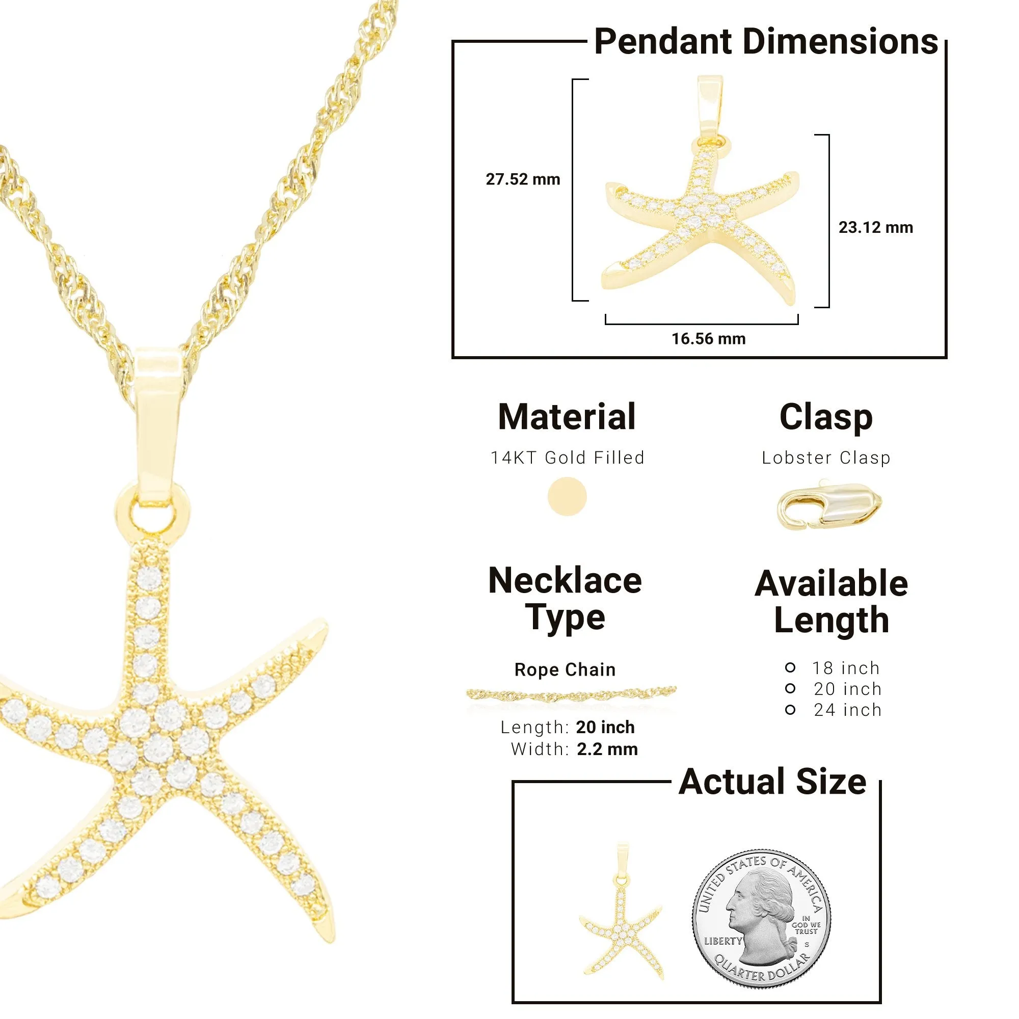 Ocean Starfish Cubic Zirconia Pendant With Necklace Set 14K Gold Filled