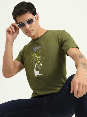 Olive Green Printed Slim Fit T-Shirt | Greenfibre