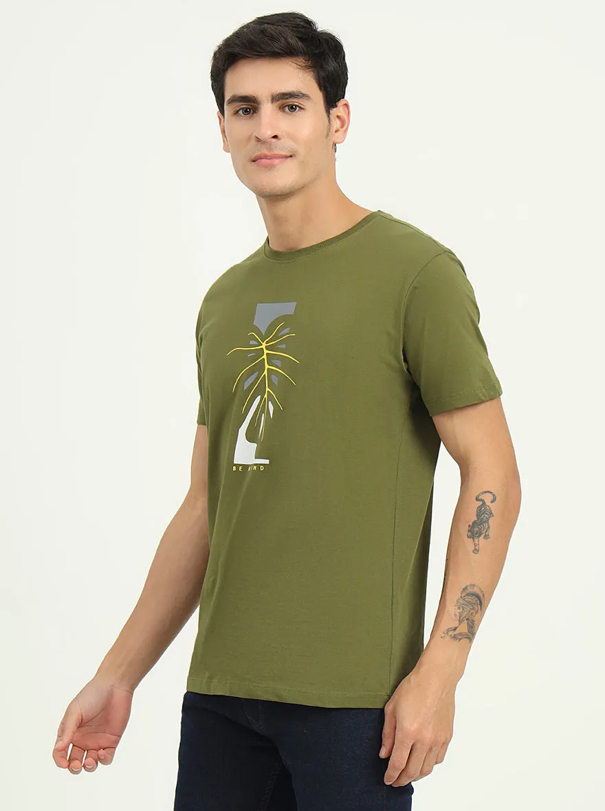 Olive Green Printed Slim Fit T-Shirt | Greenfibre