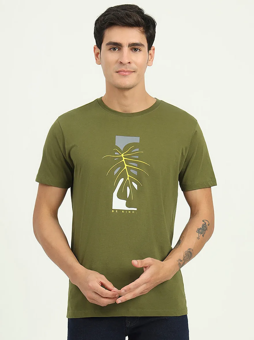 Olive Green Printed Slim Fit T-Shirt | Greenfibre