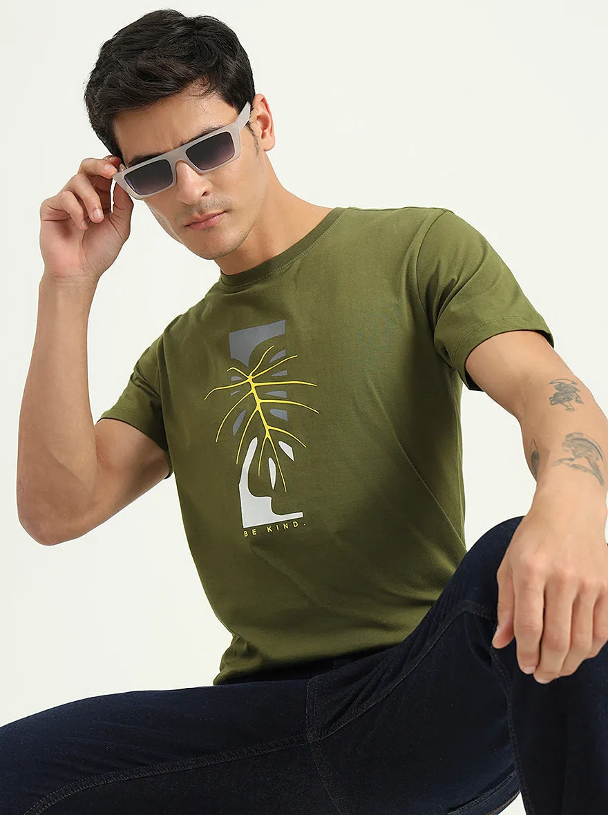 Olive Green Printed Slim Fit T-Shirt | Greenfibre