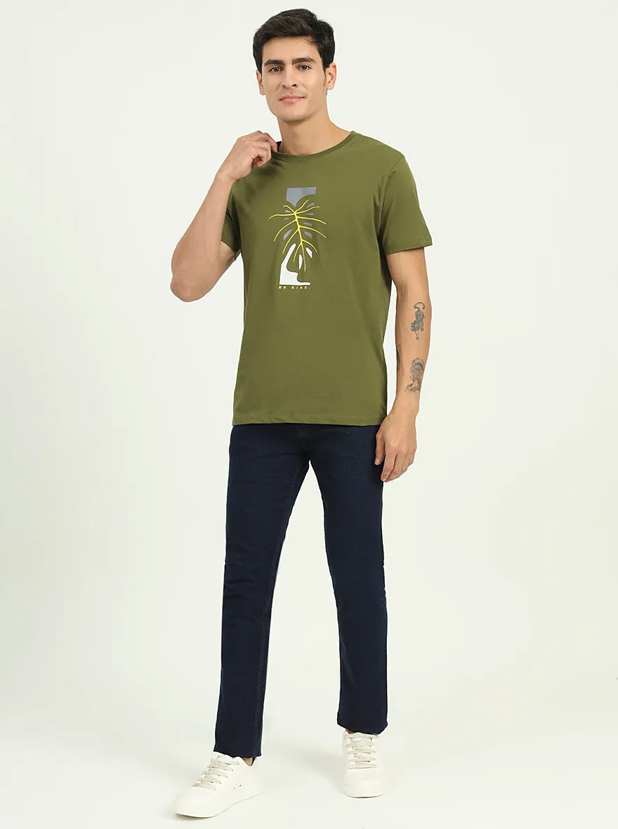 Olive Green Printed Slim Fit T-Shirt | Greenfibre