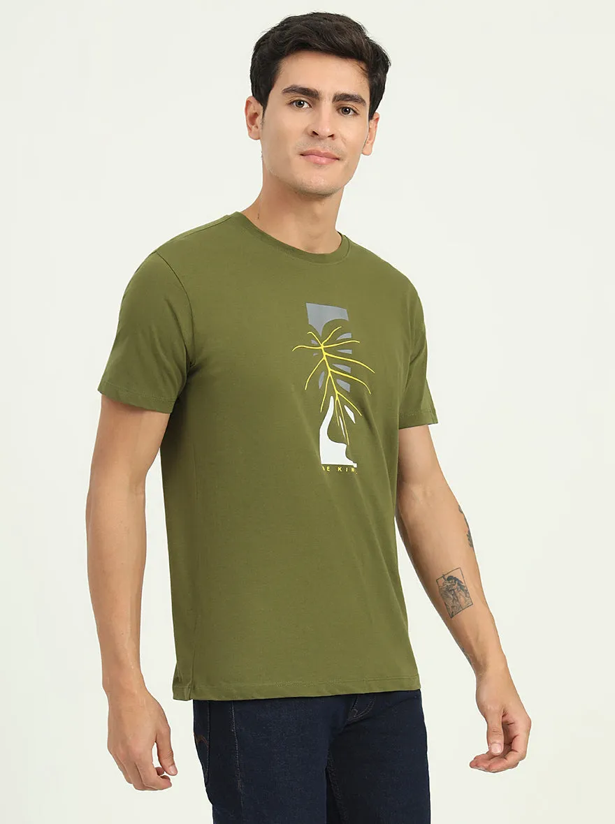 Olive Green Printed Slim Fit T-Shirt | Greenfibre