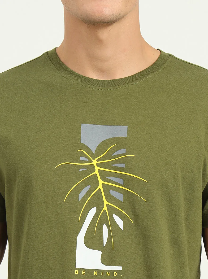 Olive Green Printed Slim Fit T-Shirt | Greenfibre