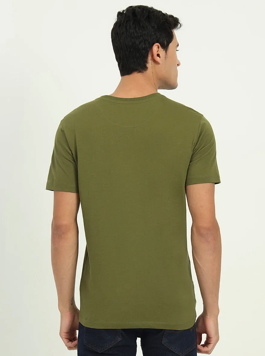 Olive Green Printed Slim Fit T-Shirt | Greenfibre